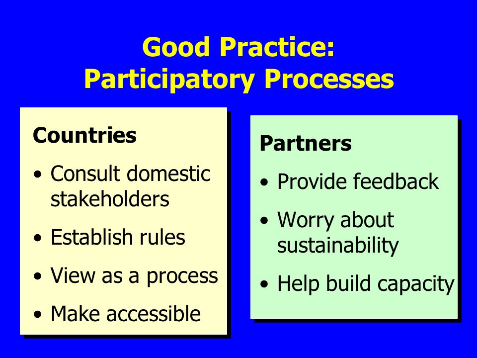 Good Practice: Participatory Processes Countries Consult domestic stakeholders Establish rules View as a process Make accessible Partners Provide feedback Worry about sustainability Help build capacity