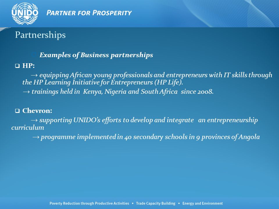 Partnerships Examples of Business partnerships HP: equipping African young professionals and entrepreneurs with IT skills through the HP Learning Initiative for Entrepreneurs (HP Life).