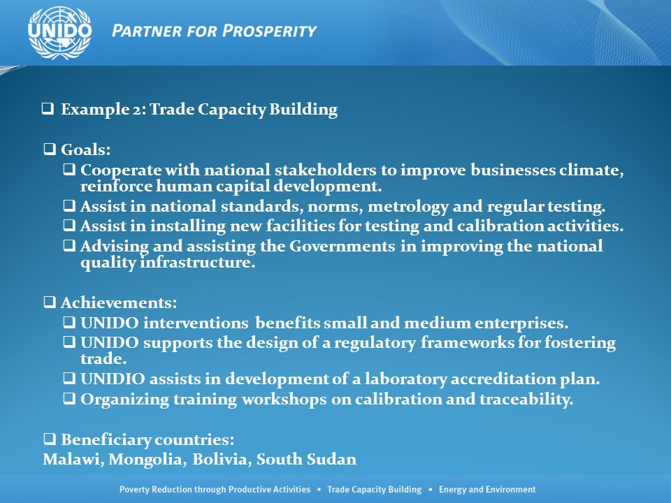 Example 2: Trade Capacity Building Goals: Cooperate with national stakeholders to improve businesses climate, reinforce human capital development.