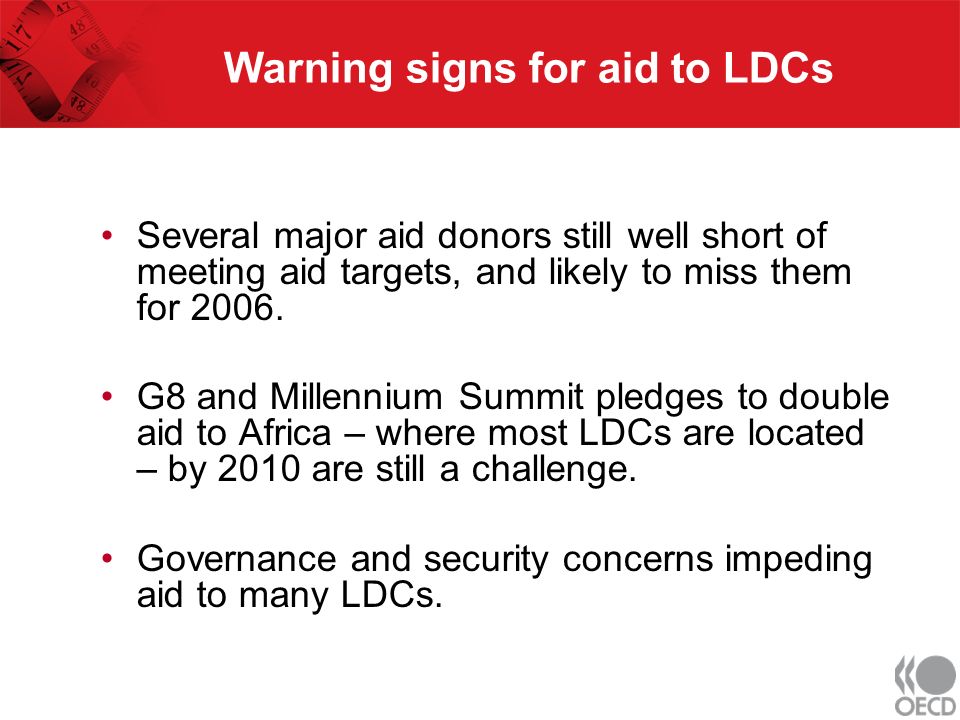 Warning signs for aid to LDCs Several major aid donors still well short of meeting aid targets, and likely to miss them for 2006.