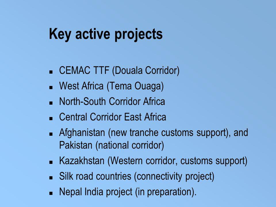 Key active projects CEMAC TTF (Douala Corridor) West Africa (Tema Ouaga) North-South Corridor Africa Central Corridor East Africa Afghanistan (new tranche customs support), and Pakistan (national corridor) Kazakhstan (Western corridor, customs support) Silk road countries (connectivity project) Nepal India project (in preparation).