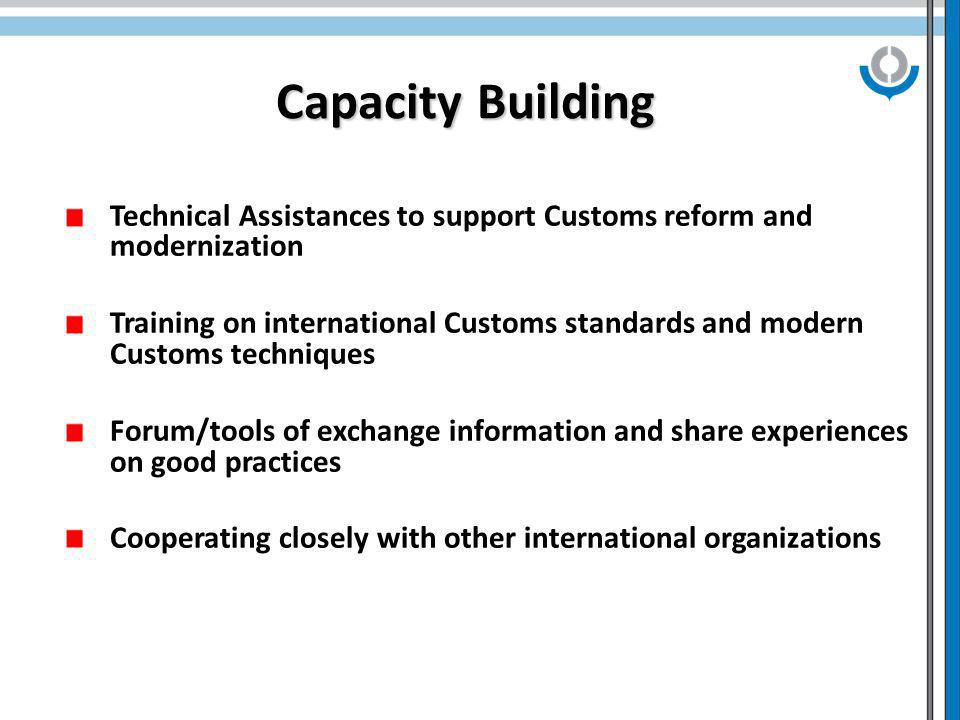 Capacity Building Technical Assistances to support Customs reform and modernization Training on international Customs standards and modern Customs techniques Forum/tools of exchange information and share experiences on good practices Cooperating closely with other international organizations