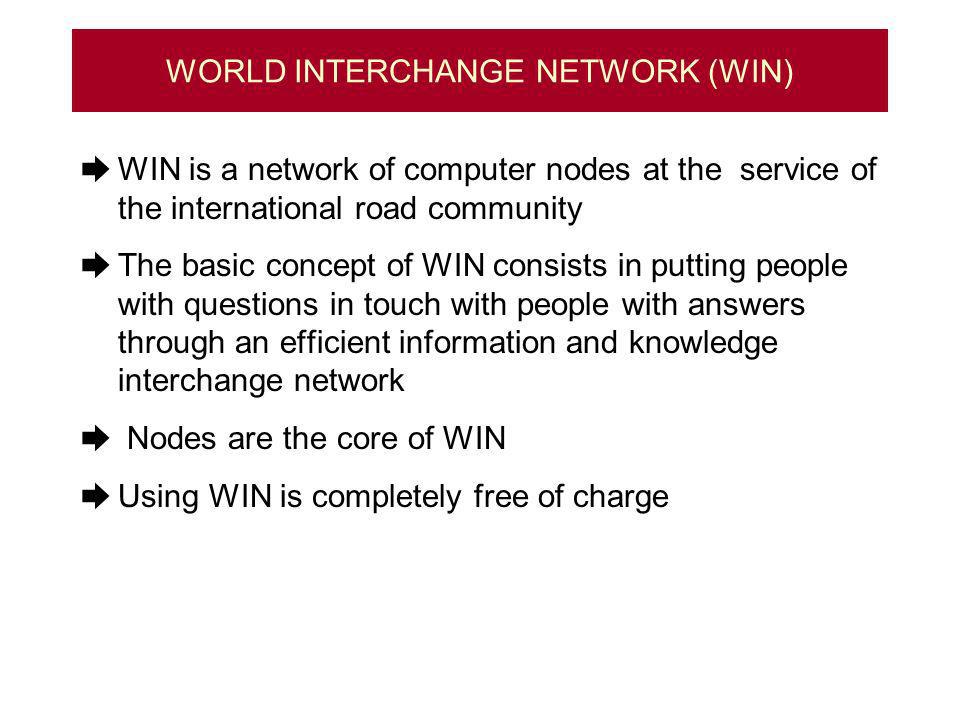 WORLD INTERCHANGE NETWORK (WIN) WIN is a network of computer nodes at the service of the international road community The basic concept of WIN consists in putting people with questions in touch with people with answers through an efficient information and knowledge interchange network Nodes are the core of WIN Using WIN is completely free of charge