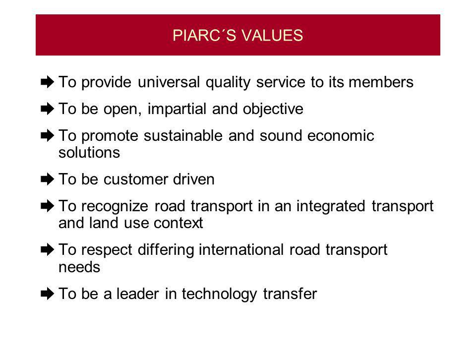PIARC´S VALUES To provide universal quality service to its members To be open, impartial and objective To promote sustainable and sound economic solutions To be customer driven To recognize road transport in an integrated transport and land use context To respect differing international road transport needs To be a leader in technology transfer