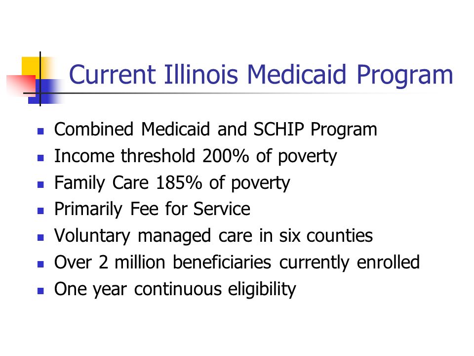 Current Illinois Medicaid Program Combined Medicaid and SCHIP Program Income threshold 200% of poverty Family Care 185% of poverty Primarily Fee for Service Voluntary managed care in six counties Over 2 million beneficiaries currently enrolled One year continuous eligibility