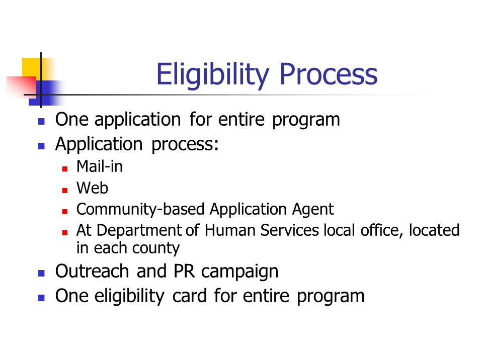 Eligibility Process One application for entire program Application process: Mail-in Web Community-based Application Agent At Department of Human Services local office, located in each county Outreach and PR campaign One eligibility card for entire program