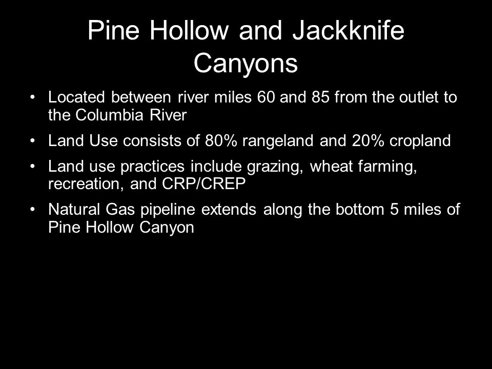 Pine Hollow and Jackknife Canyons Located between river miles 60 and 85 from the outlet to the Columbia River Land Use consists of 80% rangeland and 20% cropland Land use practices include grazing, wheat farming, recreation, and CRP/CREP Natural Gas pipeline extends along the bottom 5 miles of Pine Hollow Canyon