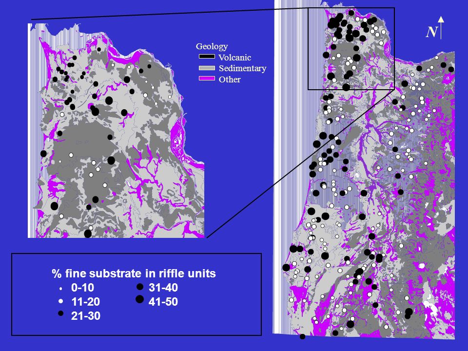 Geology Volcanic Sedimentary Other % fine substrate in riffle units N
