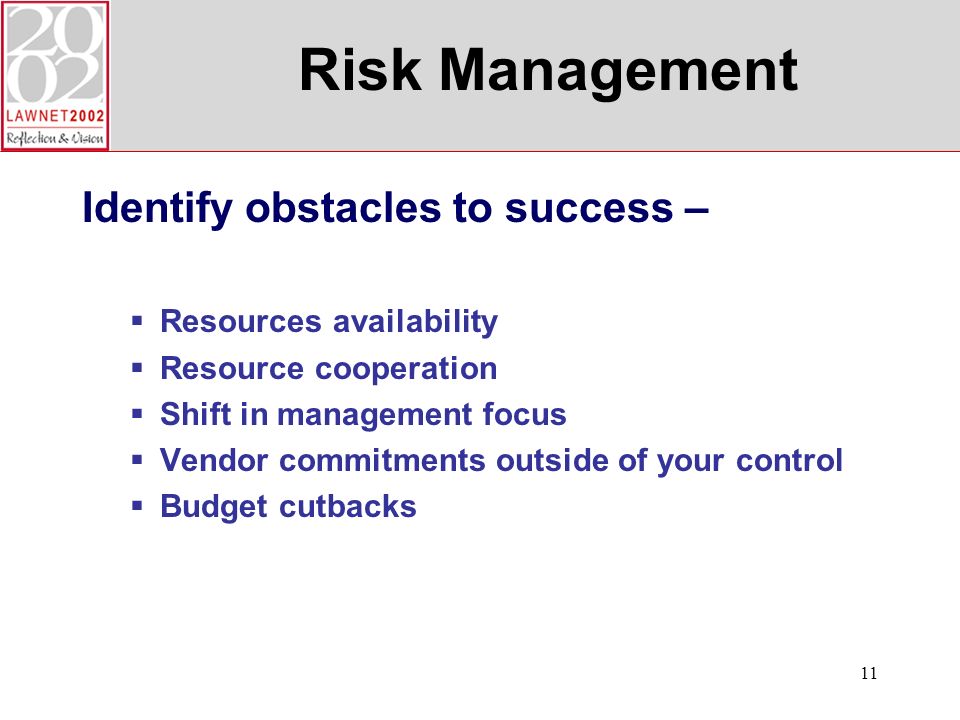 11 Risk Management Identify obstacles to success – Resources availability Resource cooperation Shift in management focus Vendor commitments outside of your control Budget cutbacks