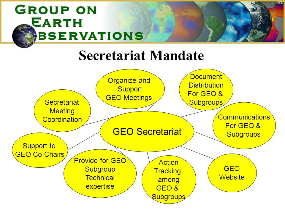 Secretariat Mandate GEO Secretariat Secretariat Meeting Coordination Provide for GEO Subgroup Technical expertise Action Tracking among GEO & Subgroups GEO Website Communications For GEO & Subgroups Document Distribution For GEO & Subgroups Organize and Support GEO Meetings Support to GEO Co-Chairs