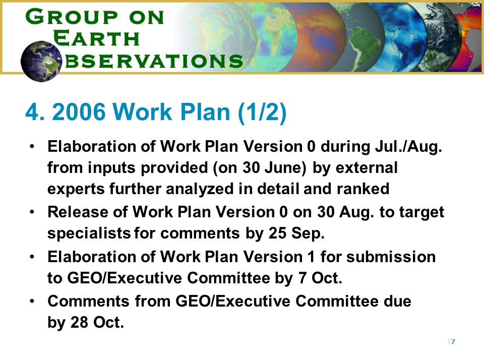 |7| Work Plan (1/2) Elaboration of Work Plan Version 0 during Jul./Aug.