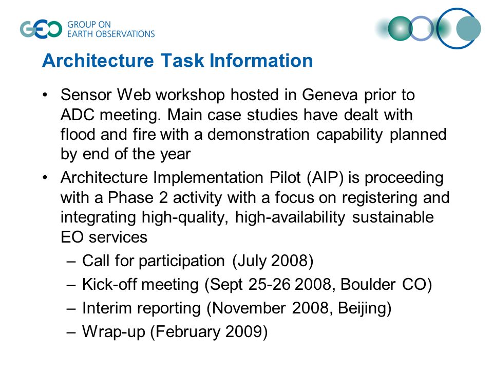 Architecture Task Information Sensor Web workshop hosted in Geneva prior to ADC meeting.