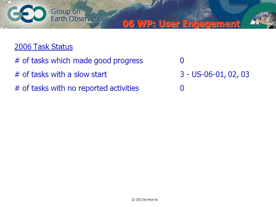 © GEO Secretariat 2006 Task Status # of tasks which made good progress 0 # of tasks with a slow start3 - US-06-01, 02, 03 # of tasks with no reported activities0 06 WP: User Engagement