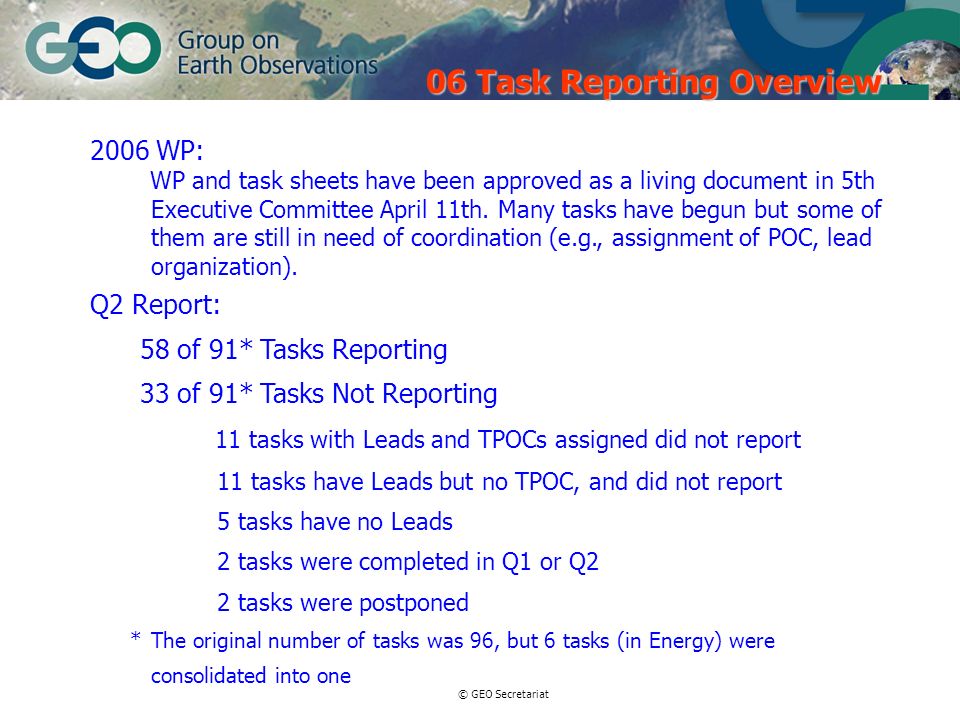 © GEO Secretariat 2006 WP: WP and task sheets have been approved as a living document in 5th Executive Committee April 11th.
