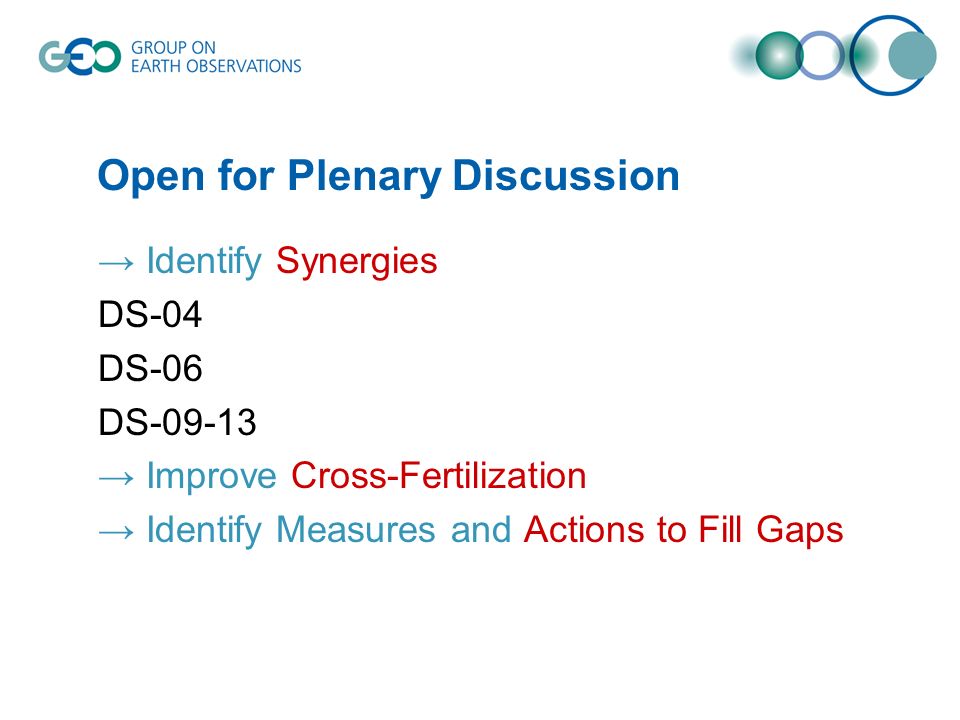 Open for Plenary Discussion Identify Synergies DS-04 DS-06 DS Improve Cross-Fertilization Identify Measures and Actions to Fill Gaps
