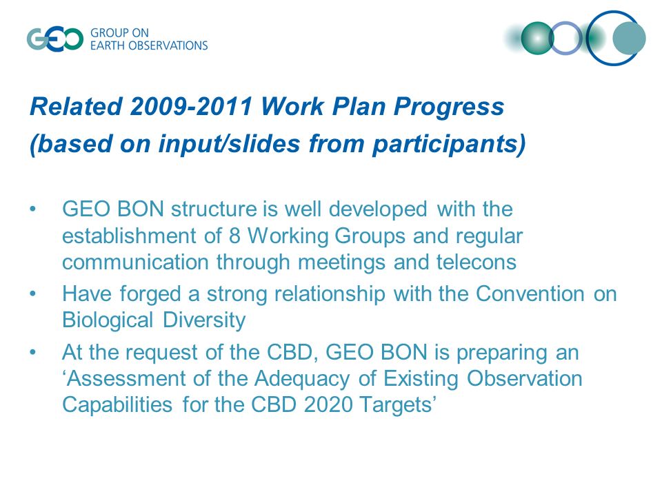 Related Work Plan Progress (based on input/slides from participants) GEO BON structure is well developed with the establishment of 8 Working Groups and regular communication through meetings and telecons Have forged a strong relationship with the Convention on Biological Diversity At the request of the CBD, GEO BON is preparing an Assessment of the Adequacy of Existing Observation Capabilities for the CBD 2020 Targets