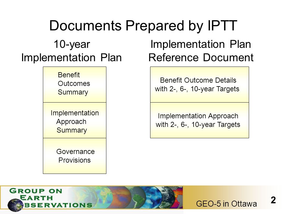GEO-5 in Ottawa 2 Documents Prepared by IPTT 10-year Implementation Plan Governance Provisions Implementation Plan Reference Document Benefit Outcome Details with 2-, 6-, 10-year Targets Implementation Approach with 2-, 6-, 10-year Targets Benefit Outcomes Summary Implementation Approach Summary