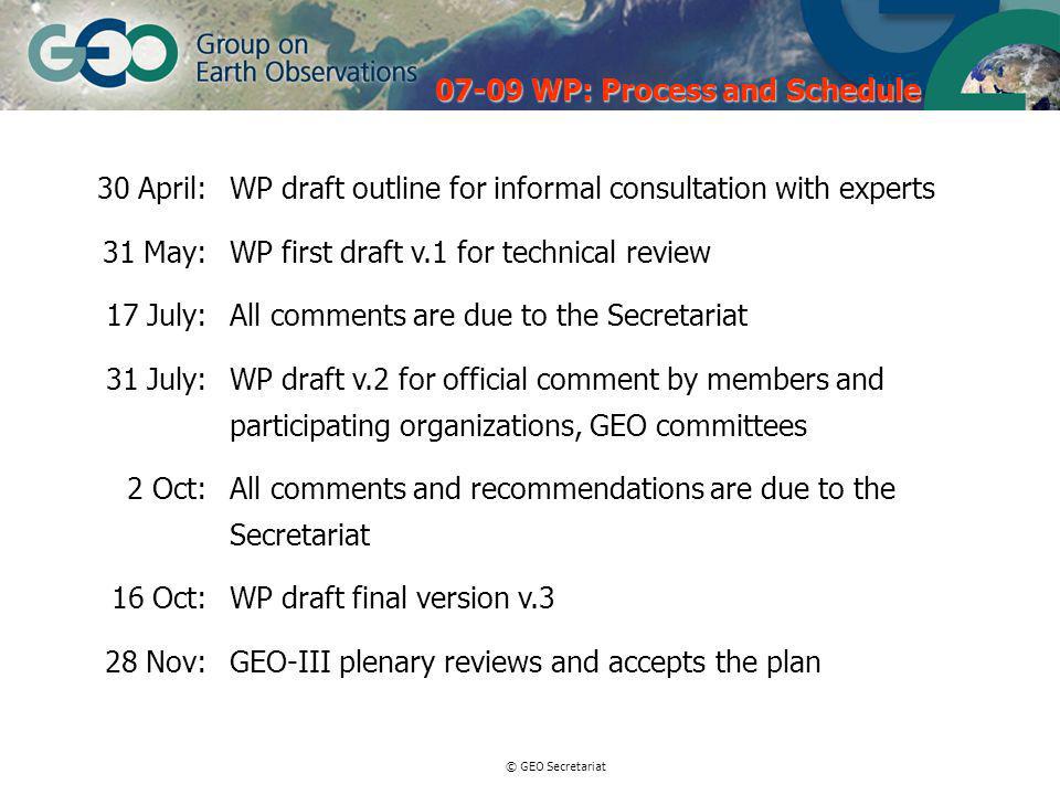 © GEO Secretariat 30 April:WP draft outline for informal consultation with experts 31 May:WP first draft v.1 for technical review 17 July:All comments are due to the Secretariat 31 July:WP draft v.2 for official comment by members and participating organizations, GEO committees 2 Oct:All comments and recommendations are due to the Secretariat 16 Oct:WP draft final version v.3 28 Nov:GEO-III plenary reviews and accepts the plan WP: Process and Schedule