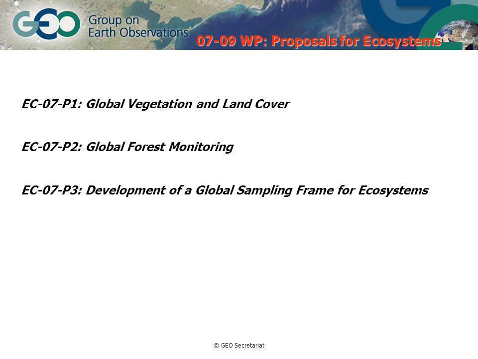© GEO Secretariat EC-07-P1: Global Vegetation and Land Cover EC-07-P2: Global Forest Monitoring EC-07-P3: Development of a Global Sampling Frame for Ecosystems WP: Proposals for Ecosystems