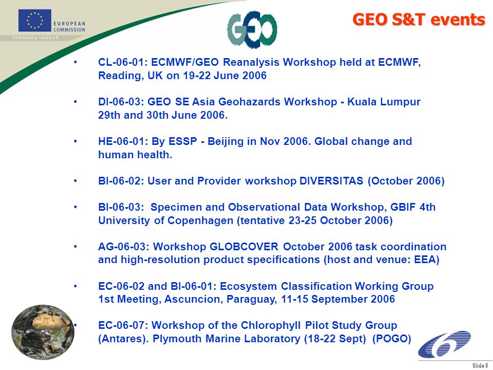 Slide 8 CL-06-01: ECMWF/GEO Reanalysis Workshop held at ECMWF, Reading, UK on June 2006 DI-06-03: GEO SE Asia Geohazards Workshop - Kuala Lumpur 29th and 30th June 2006.