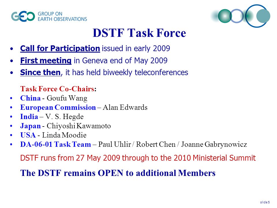 DSTF Task Force Call for Participation issued in early 2009 First meeting in Geneva end of May 2009 Since then, it has held biweekly teleconferences Task Force Co-Chairs: China - Goufu Wang European Commission – Alan Edwards India – V.