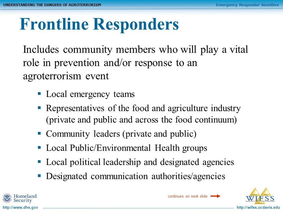 Emergency Responder Sensitive UNDERSTANDING THE DANGERS OF AGROTERRORISM   Includes community members who will play a vital role in prevention and/or response to an agroterrorism event Local emergency teams Representatives of the food and agriculture industry (private and public and across the food continuum) Community leaders (private and public) Local Public/Environmental Health groups Local political leadership and designated agencies Designated communication authorities/agencies Frontline Responders continues on next slide