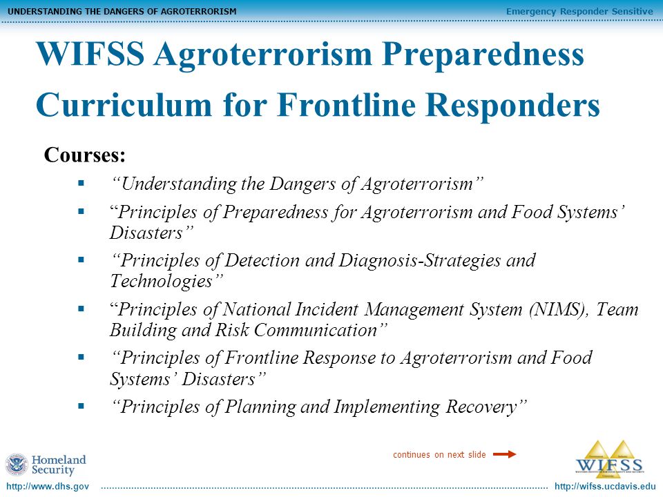 Emergency Responder Sensitive UNDERSTANDING THE DANGERS OF AGROTERRORISM   Courses: Understanding the Dangers of Agroterrorism Principles of Preparedness for Agroterrorism and Food Systems Disasters Principles of Detection and Diagnosis-Strategies and Technologies Principles of National Incident Management System (NIMS), Team Building and Risk Communication Principles of Frontline Response to Agroterrorism and Food Systems Disasters Principles of Planning and Implementing Recovery WIFSS Agroterrorism Preparedness Curriculum for Frontline Responders continues on next slide