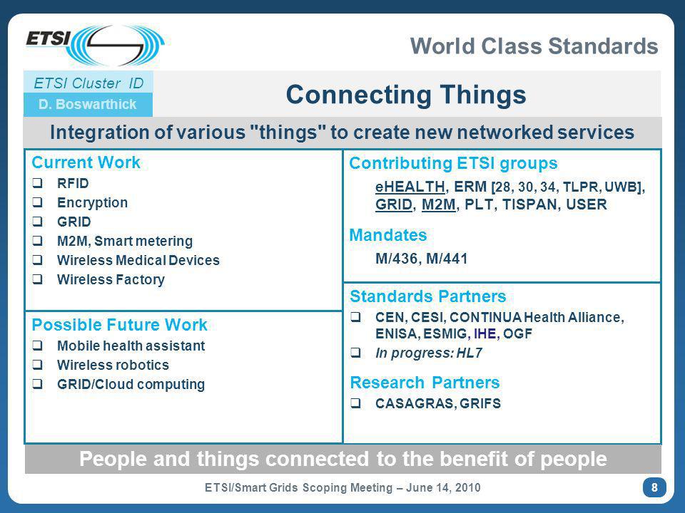 World Class Standards Connecting Things Integration of various things to create new networked services Current Work RFID Encryption GRID M2M, Smart metering Wireless Medical Devices Wireless Factory Standards Partners CEN, CESI, CONTINUA Health Alliance, ENISA, ESMIG, IHE, OGF In progress: HL7 Research Partners CASAGRAS, GRIFS Possible Future Work Mobile health assistant Wireless robotics GRID/Cloud computing People and things connected to the benefit of people Contributing ETSI groups eHEALTH, ERM [28, 30, 34, TLPR, UWB], GRID, M2M, PLT, TISPAN, USER Mandates M/436, M/441 ETSI Cluster ID D.