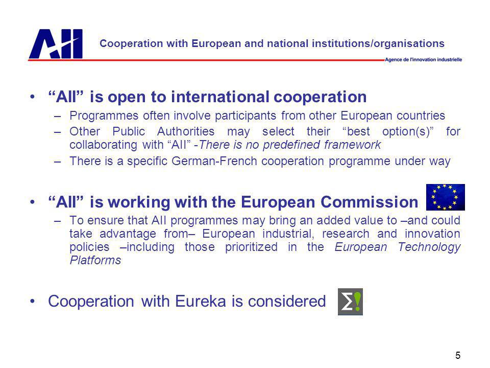 5 Cooperation with European and national institutions/organisations AII is open to international cooperation –Programmes often involve participants from other European countries –Other Public Authorities may select their best option(s) for collaborating with AII -There is no predefined framework –There is a specific German-French cooperation programme under way AII is working with the European Commission –To ensure that AII programmes may bring an added value to –and could take advantage from– European industrial, research and innovation policies –including those prioritized in the European Technology Platforms Cooperation with Eureka is considered