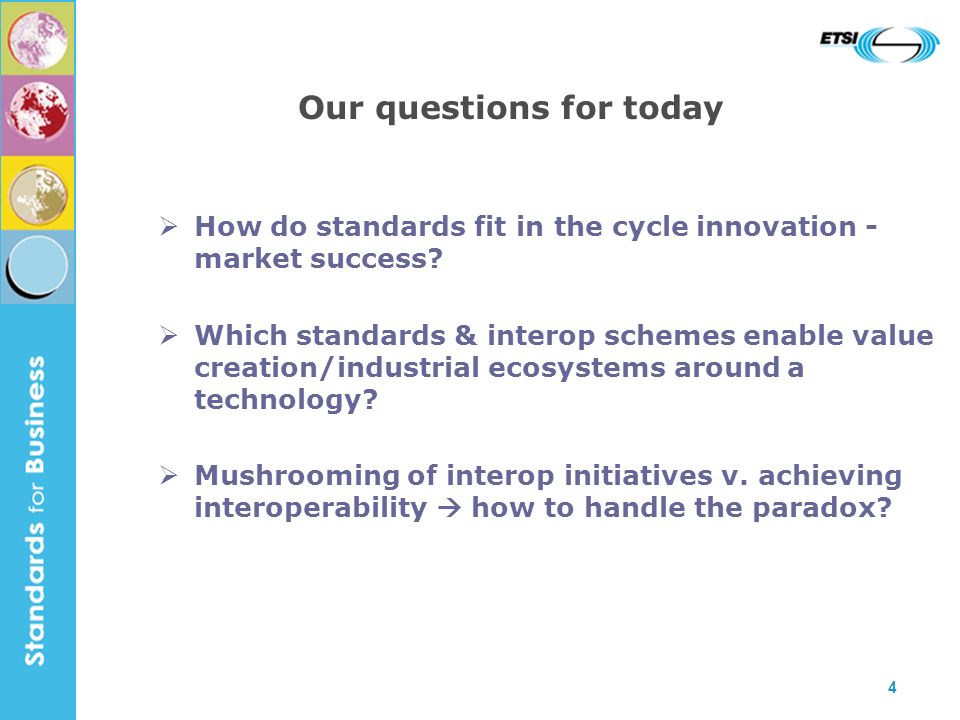4 Our questions for today How do standards fit in the cycle innovation - market success.