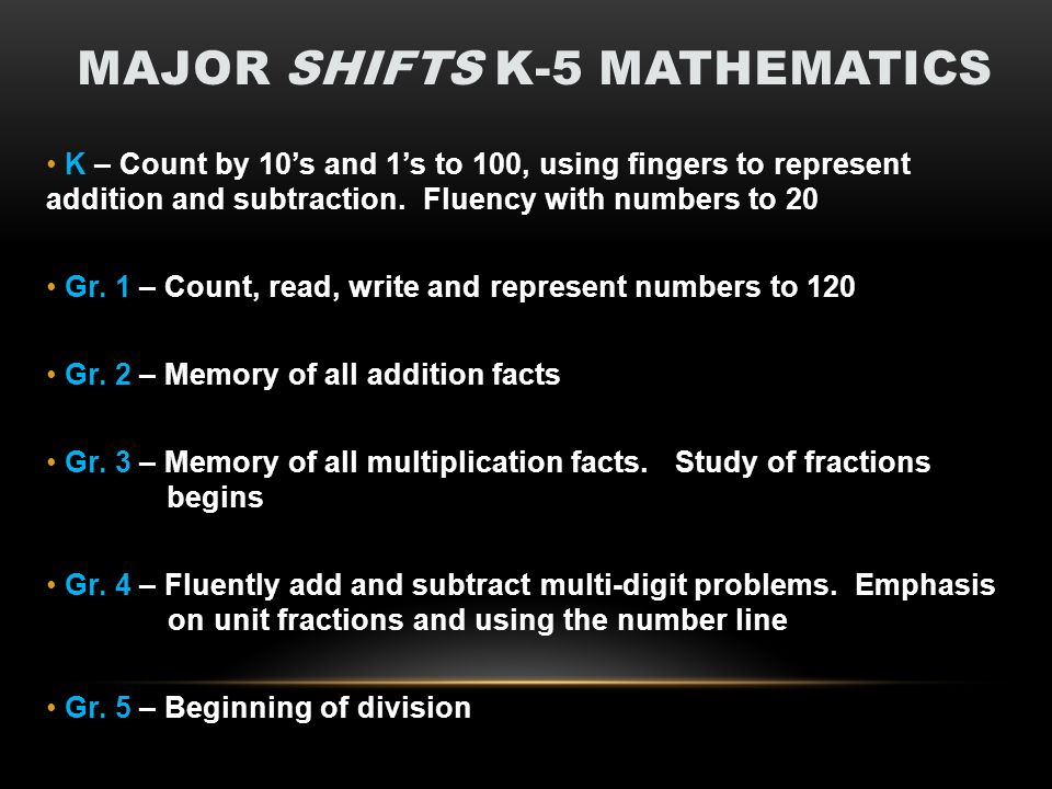 MAJOR SHIFTS K-5 MATHEMATICS K – Count by 10s and 1s to 100, using fingers to represent addition and subtraction.
