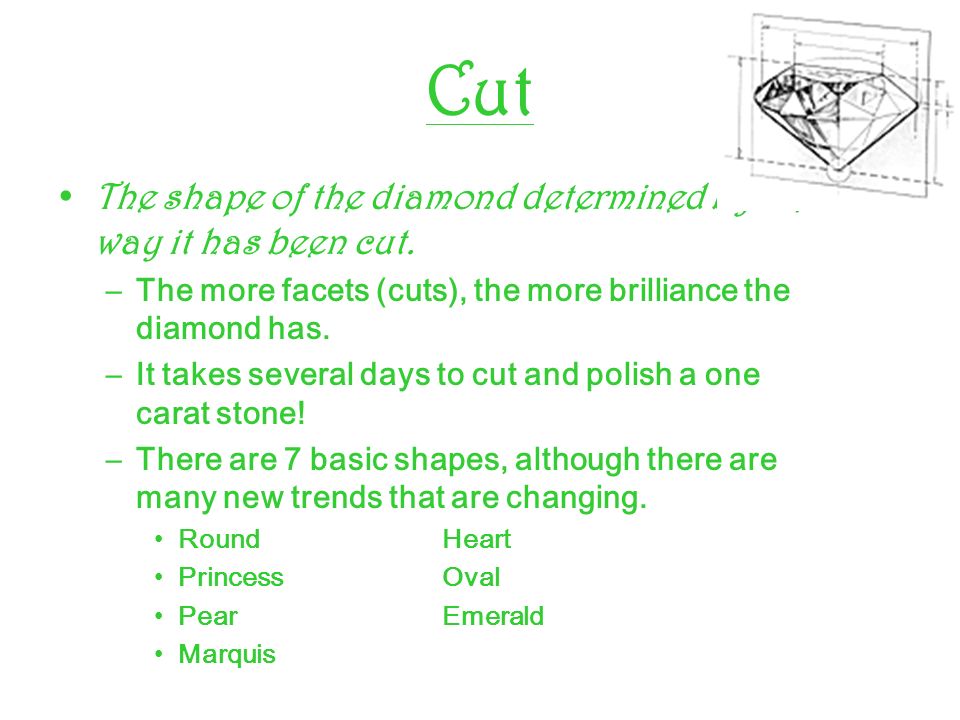 Cut The shape of the diamond determined by the way it has been cut.