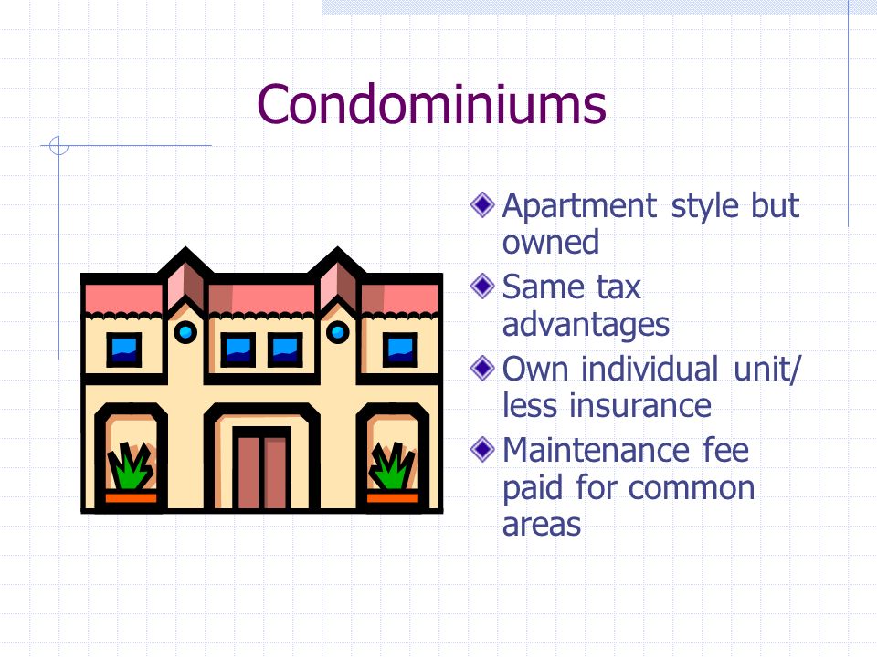 Condominiums Apartment style but owned Same tax advantages Own individual unit/ less insurance Maintenance fee paid for common areas