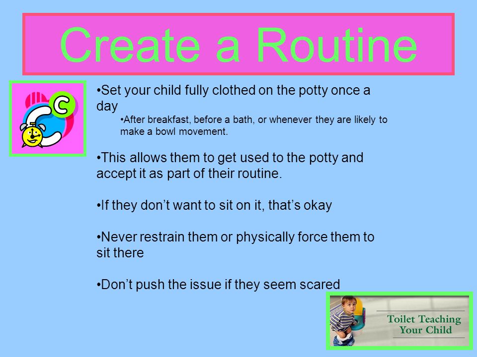 Create a Routine Set your child fully clothed on the potty once a day After breakfast, before a bath, or whenever they are likely to make a bowl movement.