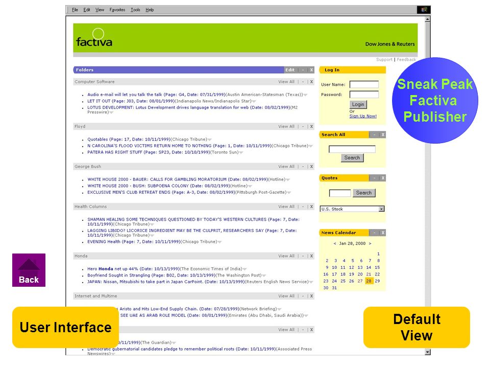 User Interface Default View Sneak Peak Factiva Publisher Back