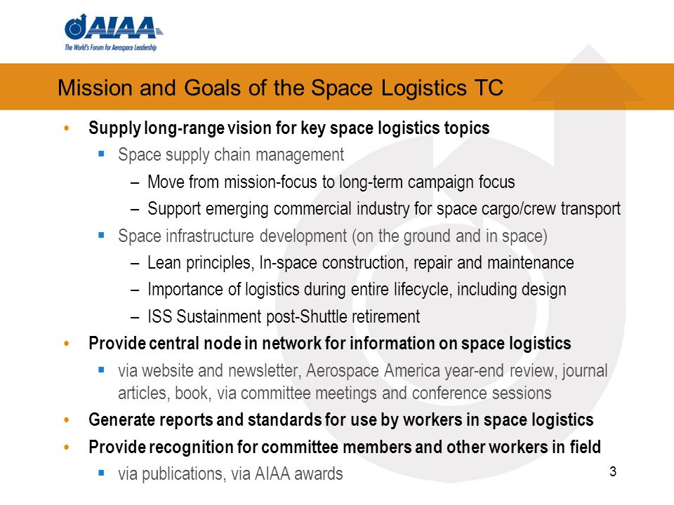 Mission and Goals of the Space Logistics TC Supply long-range vision for key space logistics topics Space supply chain management –Move from mission-focus to long-term campaign focus –Support emerging commercial industry for space cargo/crew transport Space infrastructure development (on the ground and in space) –Lean principles, In-space construction, repair and maintenance –Importance of logistics during entire lifecycle, including design –ISS Sustainment post-Shuttle retirement Provide central node in network for information on space logistics via website and newsletter, Aerospace America year-end review, journal articles, book, via committee meetings and conference sessions Generate reports and standards for use by workers in space logistics Provide recognition for committee members and other workers in field via publications, via AIAA awards 3