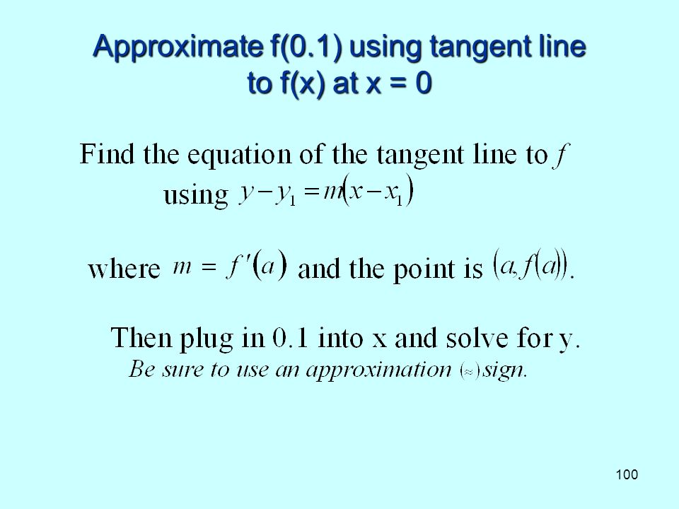100 Approximate f(0.1) using tangent line to f(x) at x = 0