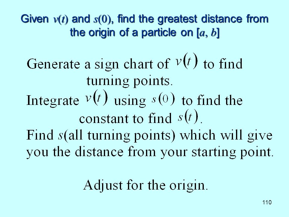 110 Given v(t) and s(0), find the greatest distance from the origin of a particle on [ a, b ]