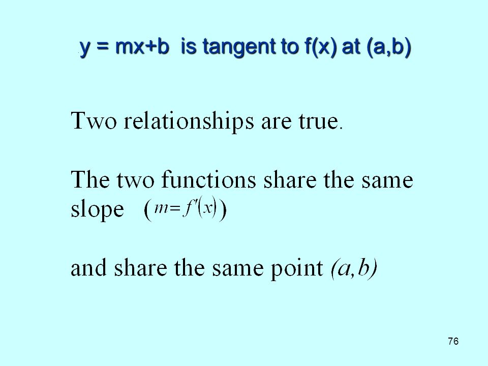 76 y = mx+b is tangent to f(x) at (a,b). y = mx+b is tangent to f(x) at (a,b)