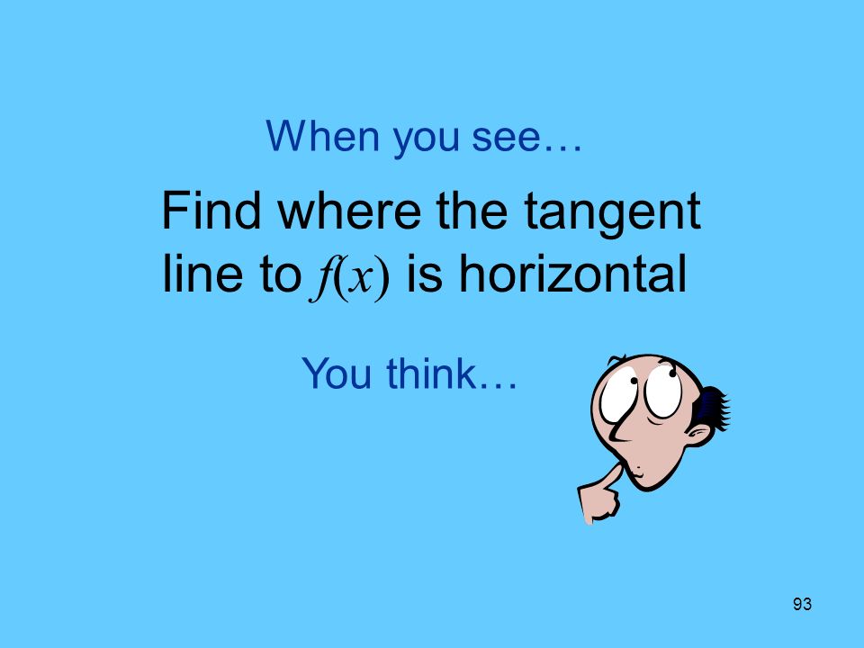 93 You think… When you see… Find where the tangent line to f(x) is horizontal