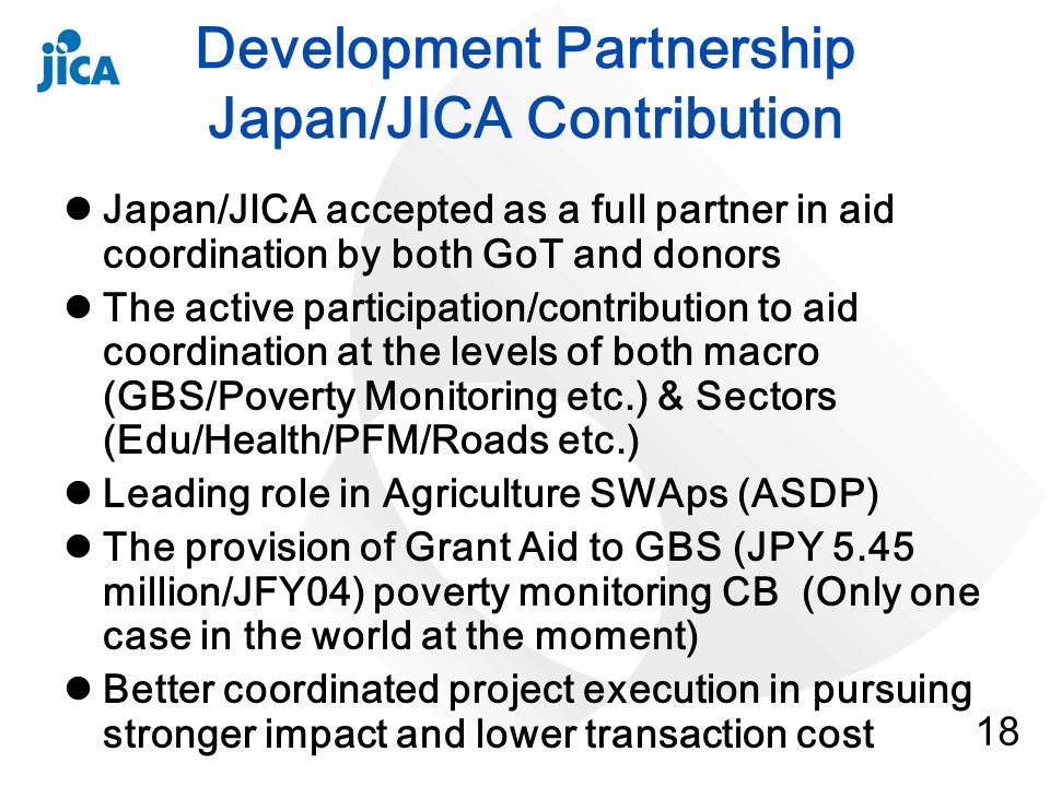 18 Development Partnership Japan/JICA Contribution Japan/JICA accepted as a full partner in aid coordination by both GoT and donors The active participation/contribution to aid coordination at the levels of both macro (GBS/Poverty Monitoring etc.) & Sectors (Edu/Health/PFM/Roads etc.) Leading role in Agriculture SWAps (ASDP) The provision of Grant Aid to GBS (JPY 5.45 million/JFY04) poverty monitoring CB (Only one case in the world at the moment) Better coordinated project execution in pursuing stronger impact and lower transaction cost