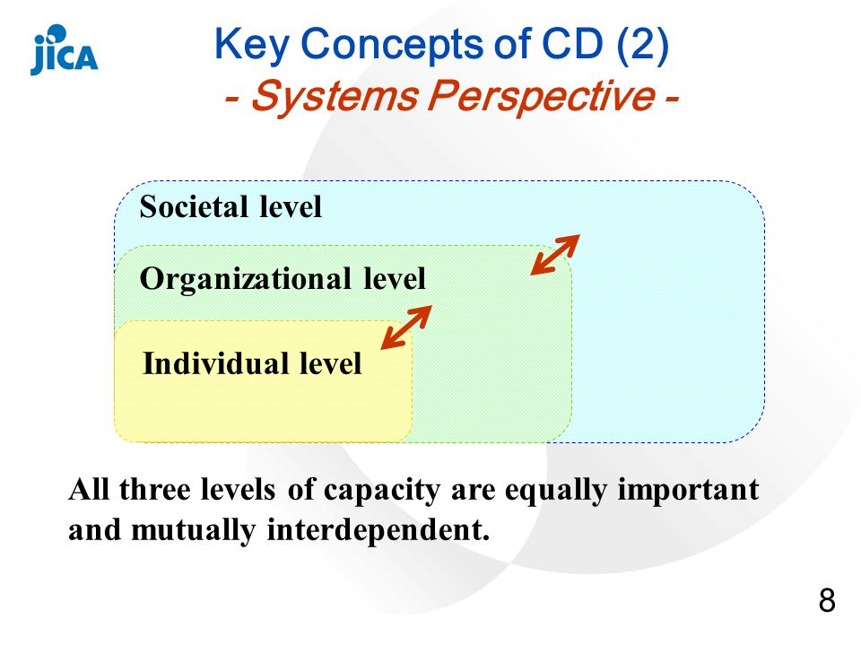 8 Individual level Organizational level Societal level All three levels of capacity are equally important and mutually interdependent.