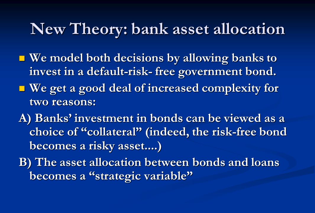 New Theory: bank asset allocation We model both decisions by allowing banks to invest in a default-risk- free government bond.