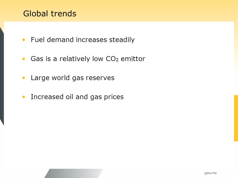 Global trends Fuel demand increases steadily Gas is a relatively low CO 2 emittor Large world gas reserves Increased oil and gas prices