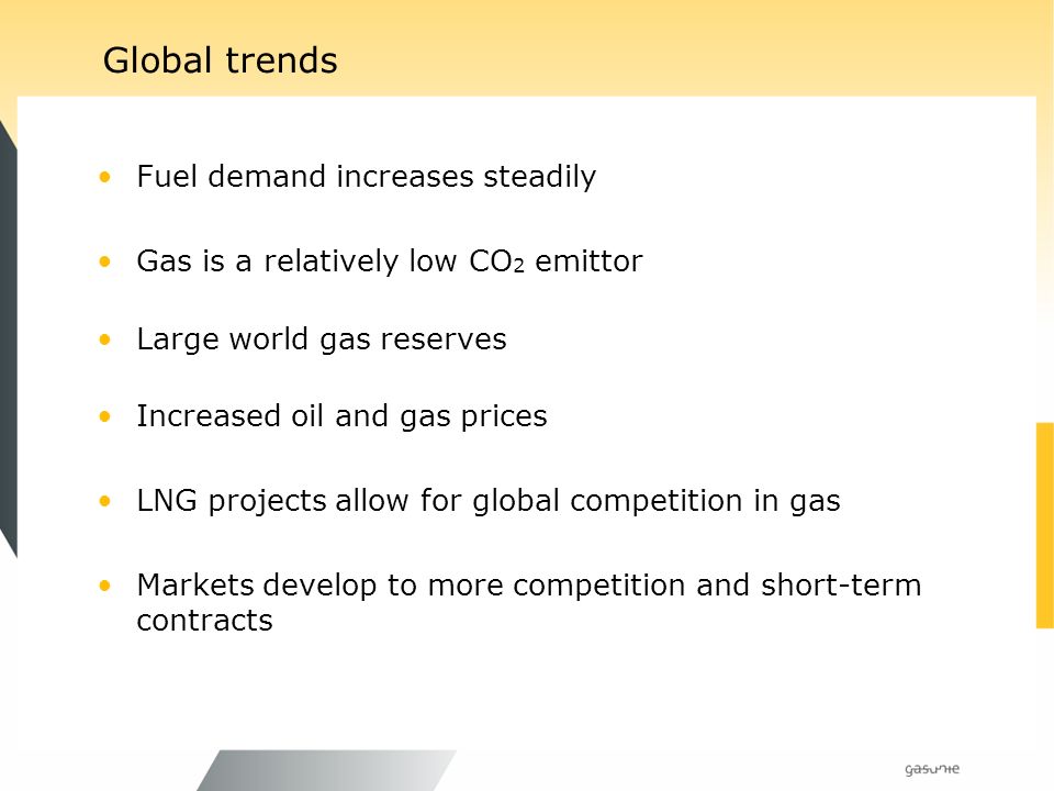 Global trends Fuel demand increases steadily Gas is a relatively low CO 2 emittor Large world gas reserves Increased oil and gas prices LNG projects allow for global competition in gas Markets develop to more competition and short-term contracts