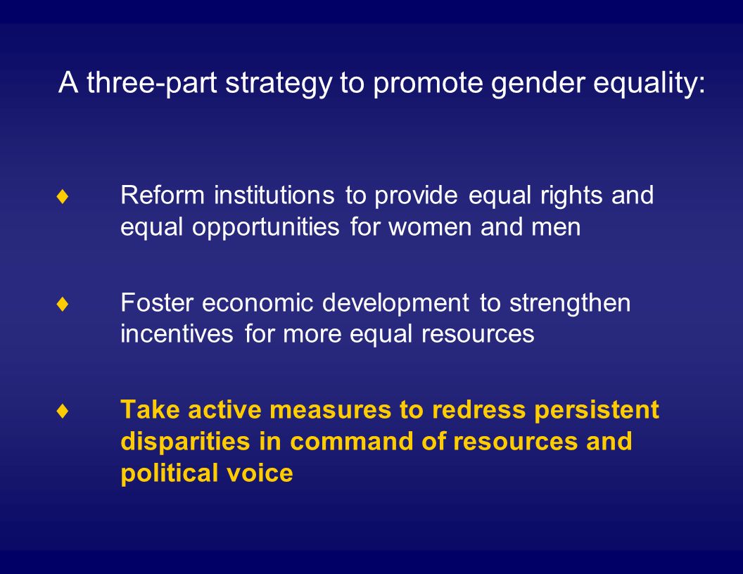 A three-part strategy to promote gender equality: Reform institutions to provide equal rights and equal opportunities for women and men Foster economic development to strengthen incentives for more equal resources Take active measures to redress persistent disparities in command of resources and political voice