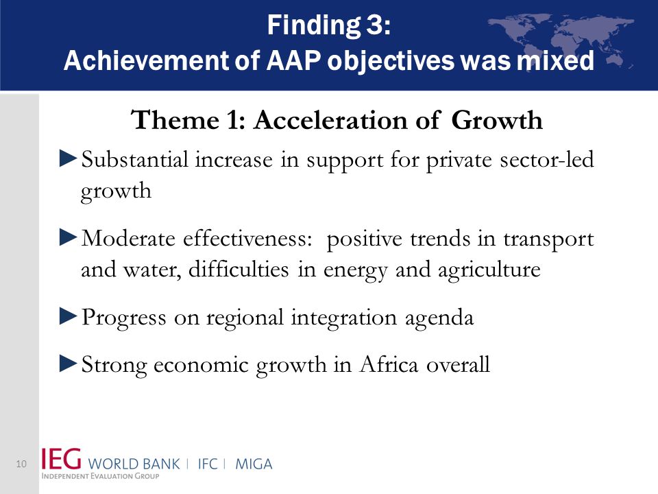 Finding 3: Achievement of AAP objectives was mixed Theme 1: Acceleration of Growth Substantial increase in support for private sector-led growth Moderate effectiveness: positive trends in transport and water, difficulties in energy and agriculture Progress on regional integration agenda Strong economic growth in Africa overall 10