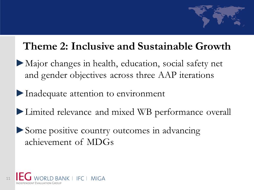 Theme 2: Inclusive and Sustainable Growth Major changes in health, education, social safety net and gender objectives across three AAP iterations Inadequate attention to environment Limited relevance and mixed WB performance overall Some positive country outcomes in advancing achievement of MDGs 11
