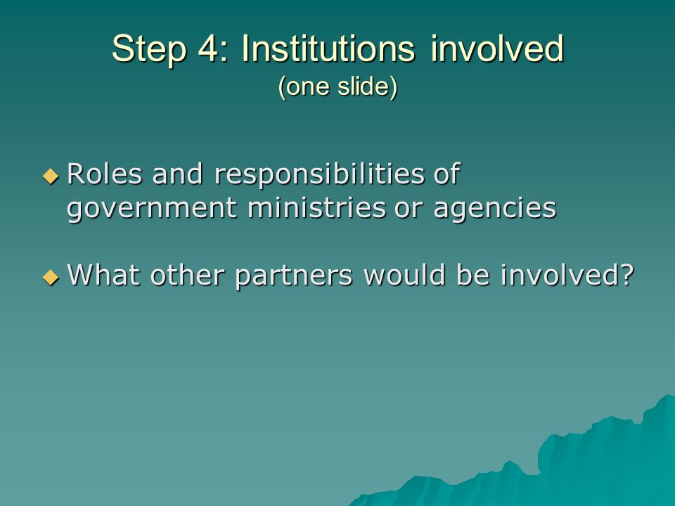 Step 4: Institutions involved (one slide) Roles and responsibilities of government ministries or agencies Roles and responsibilities of government ministries or agencies What other partners would be involved.