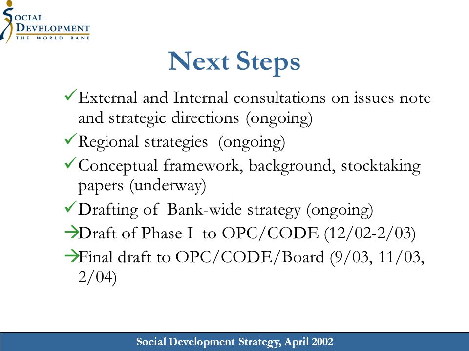 Social Development Strategy, April 2002 Next Steps External and Internal consultations on issues note and strategic directions (ongoing) Regional strategies (ongoing) Conceptual framework, background, stocktaking papers (underway) Drafting of Bank-wide strategy (ongoing) Draft of Phase I to OPC/CODE (12/02-2/03) Final draft to OPC/CODE/Board (9/03, 11/03, 2/04)
